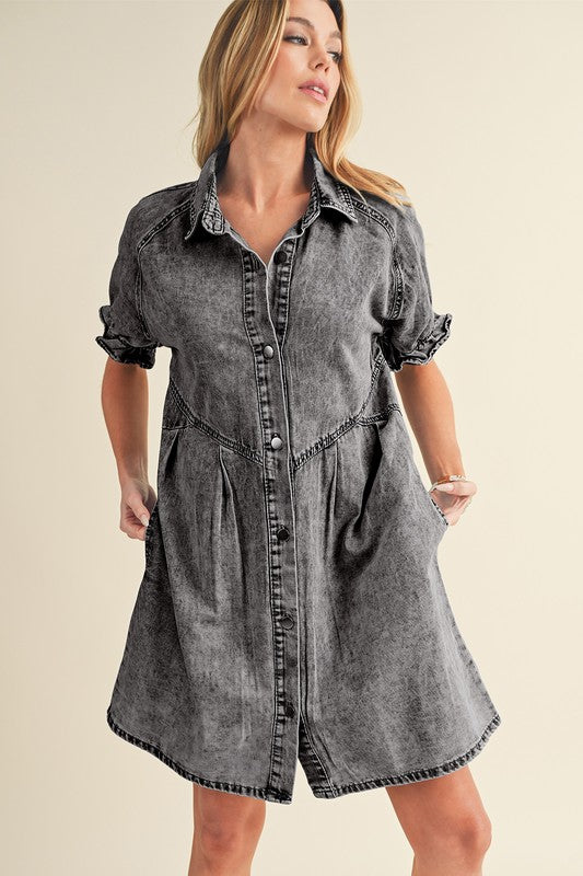 Mineral Ruffled Short Sleeve Buttoned Denim Dress