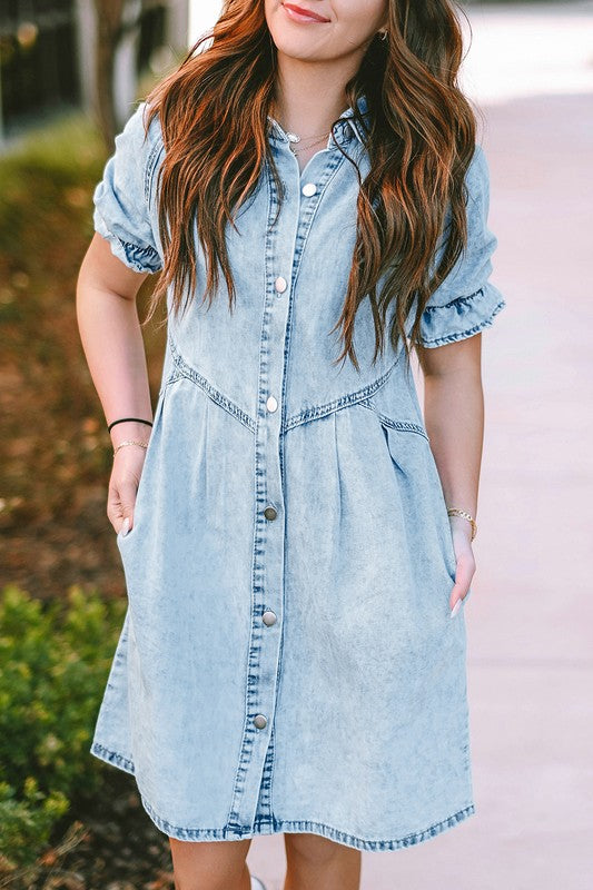 Mineral Ruffled Short Sleeve Buttoned Denim Dress