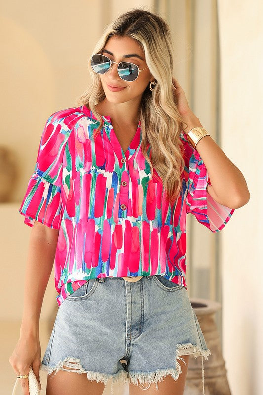 Abstract Brushwork Print Buttoned V Neck Blouse