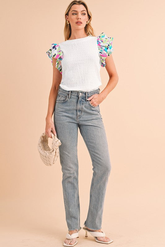 Voluminous Printed Puff Sleeve Textured Top