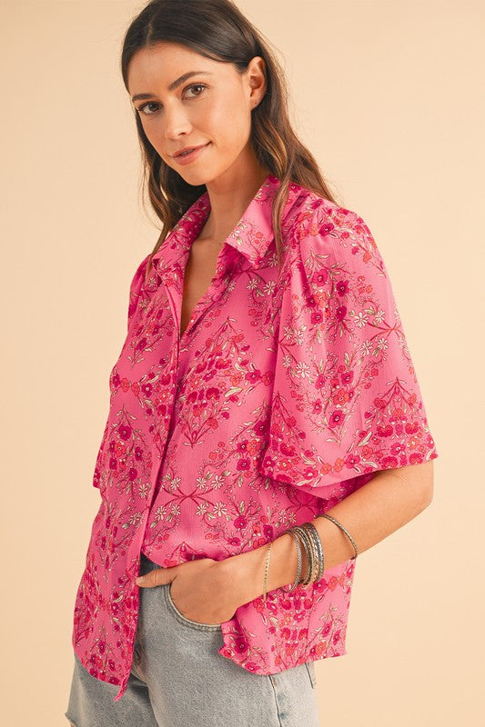 Floral Print Wide Short Sleeve Loose Shirt