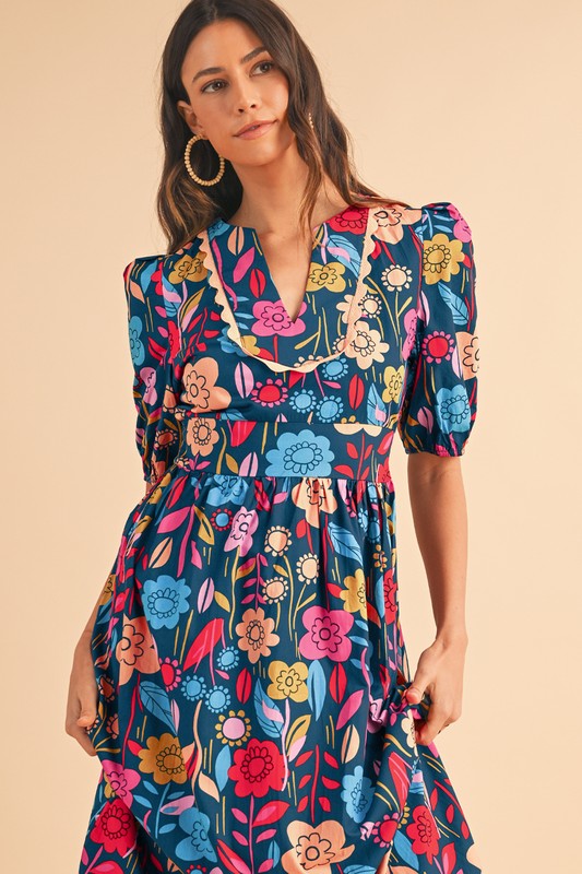 Retro Floral Printed Split Neck Maxi Dress