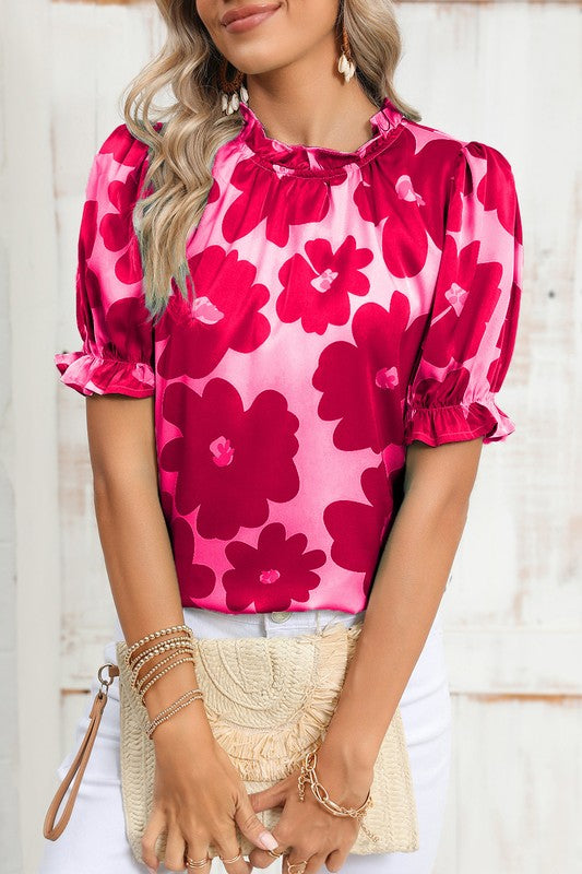 Floral Puff Sleeve Frill Neckline Blouse