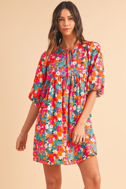 Floral Tie Split Neck Bubble Sleeve Babydoll Dress