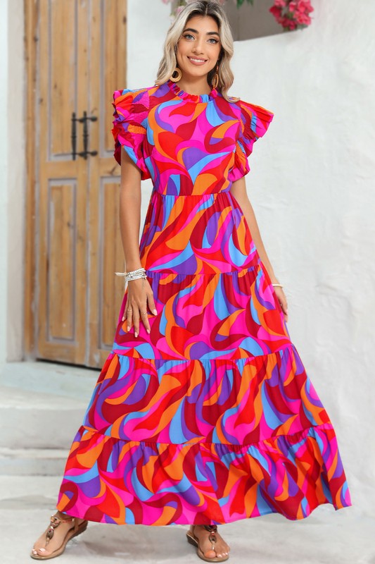 PIPPY Abstract Print High Waist Ruffle Tiered Maxi Dress