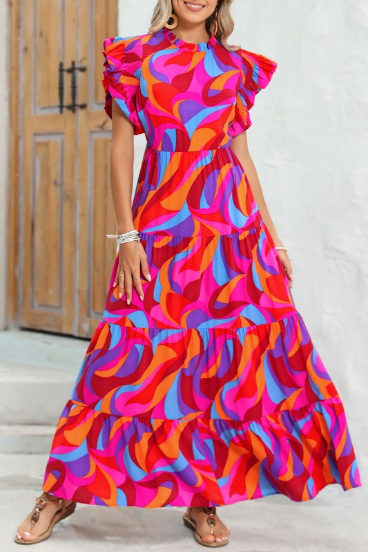 PIPPY Abstract Print High Waist Ruffle Tiered Maxi Dress