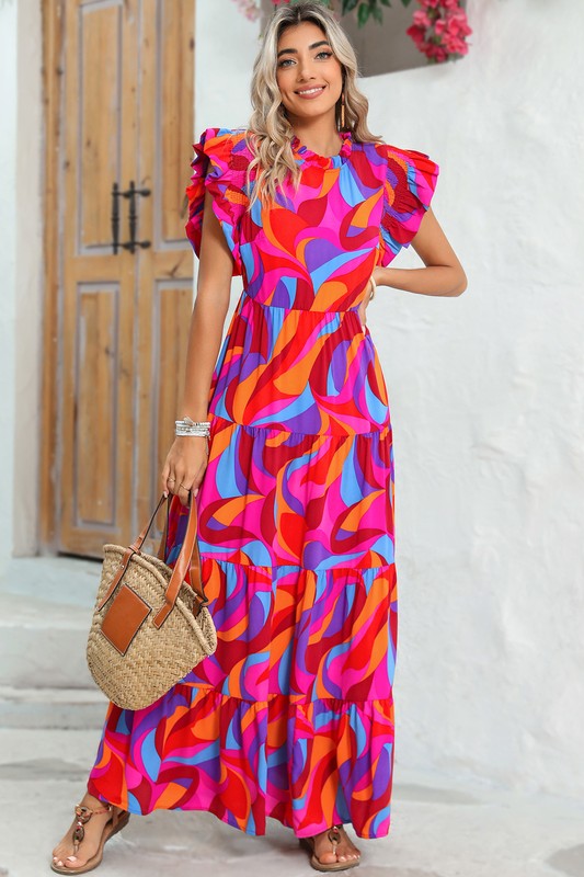 PIPPY Abstract Print High Waist Ruffle Tiered Maxi Dress