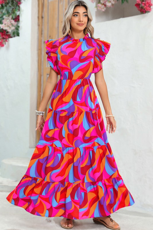 PIPPY Abstract Print High Waist Ruffle Tiered Maxi Dress