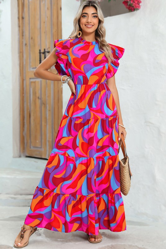 PIPPY Abstract Print High Waist Ruffle Tiered Maxi Dress