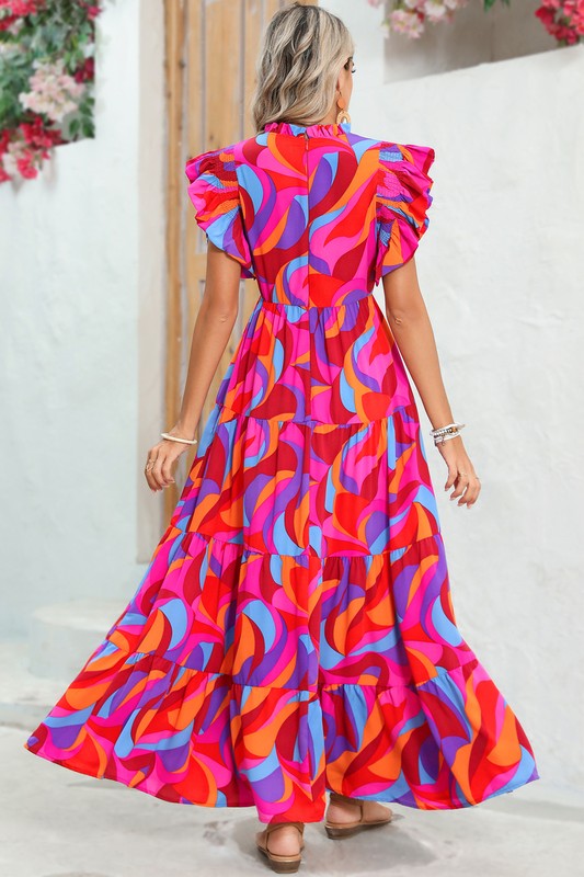 PIPPY Abstract Print High Waist Ruffle Tiered Maxi Dress