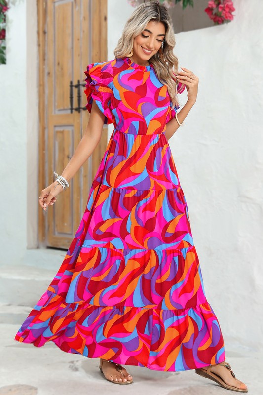 PIPPY Abstract Print High Waist Ruffle Tiered Maxi Dress