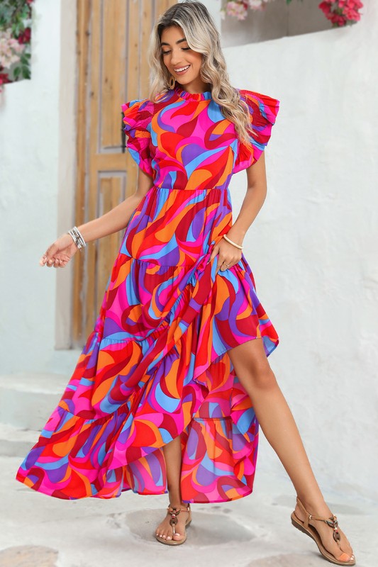 PIPPY Abstract Print High Waist Ruffle Tiered Maxi Dress