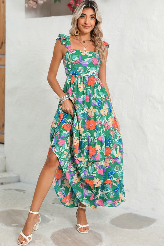 Boho Floral Ruffle Sleeveless Tiered Maxi Dress