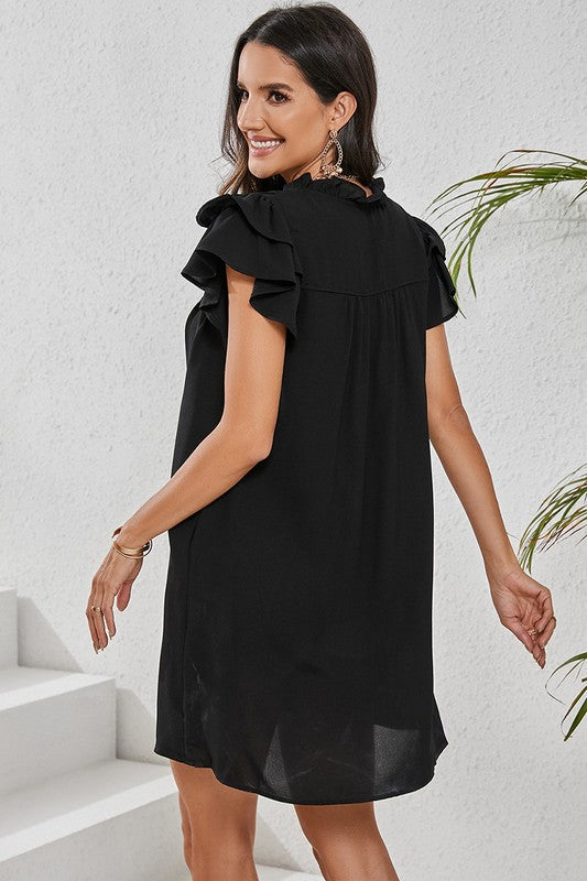 Women Ruffle Sleeve V Neck Frilled Shift Dress