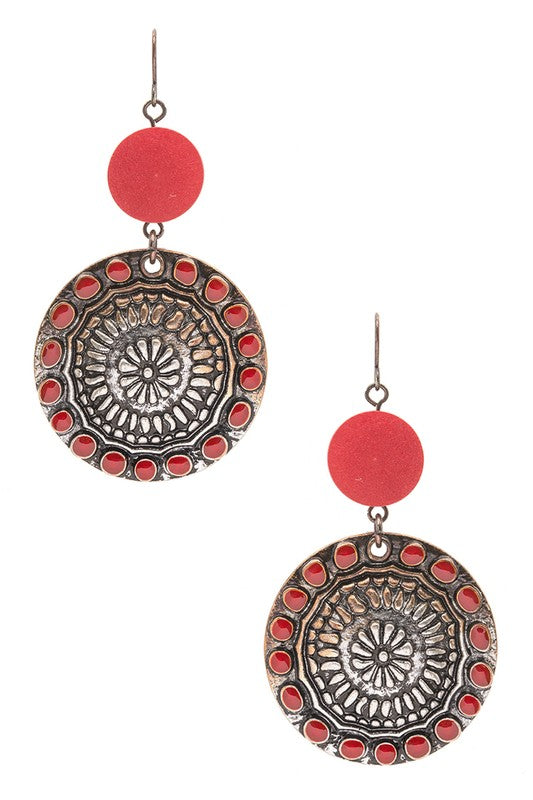 Wooden Disk Western Embossed Earrings