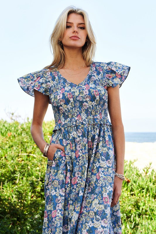 Modest Vintage Garden Floral Flutter Smocking Midi Dress