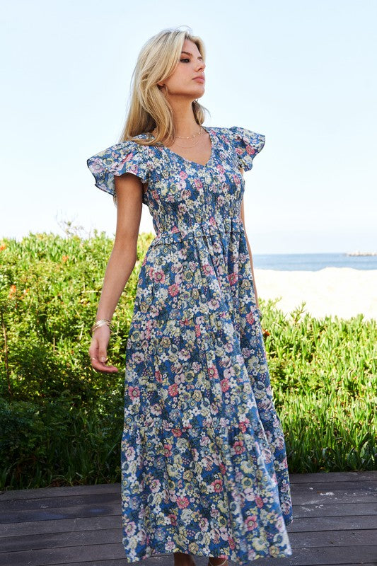 Modest Vintage Garden Floral Flutter Smocking Midi Dress