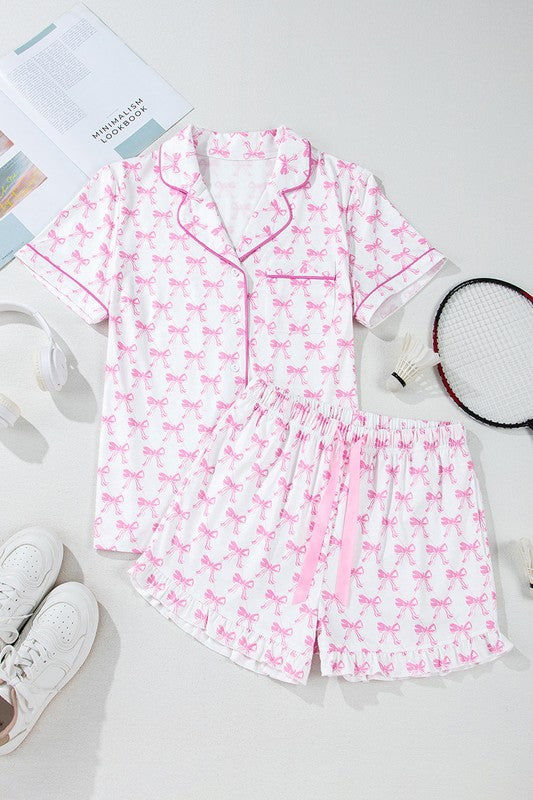 Bows Pajamas Set Short Sleeves + Ruffled Shorts