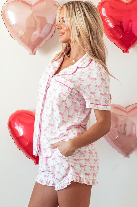 Bows Pajamas Set Short Sleeves + Ruffled Shorts