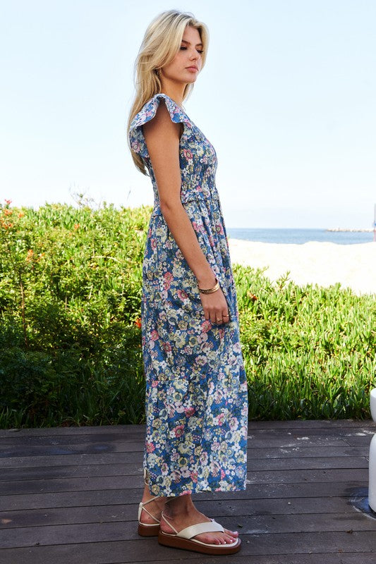 Modest Vintage Garden Floral Flutter Smocking Midi Dress