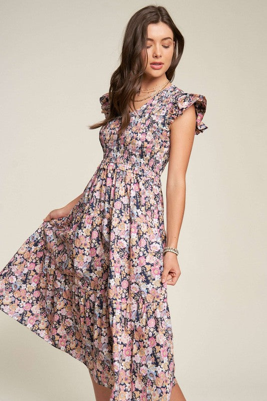 Modest Vintage Garden Floral Flutter Smocking Midi Dress