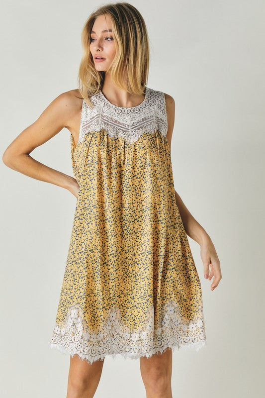 Printed Sleeveless Lace Trim Mini Dress