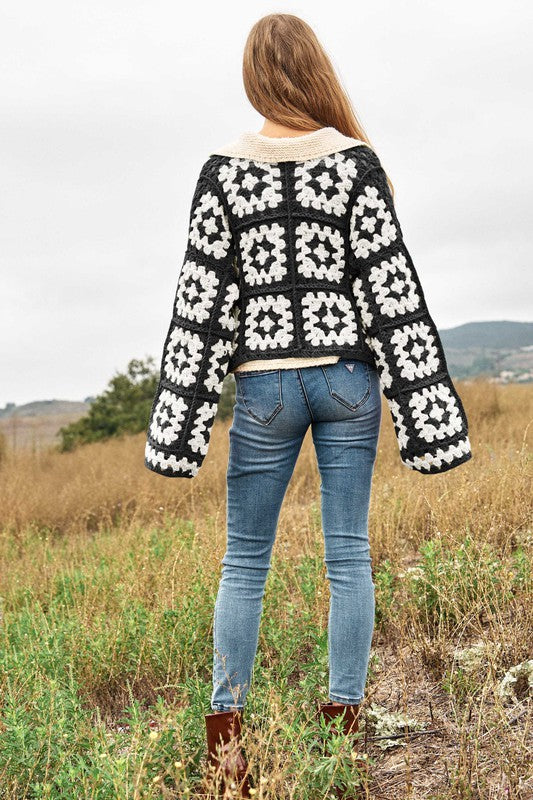 Two-Tone Floral Square Crochet Open Knit Cardigan