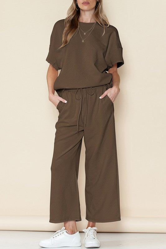 Women Textured T Shirt and Drawstring Pants Set