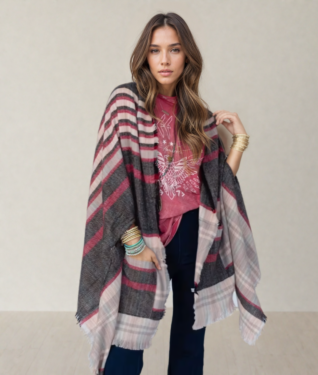 SALE Plaid Frayed Edge Pocket Ruana Wrap