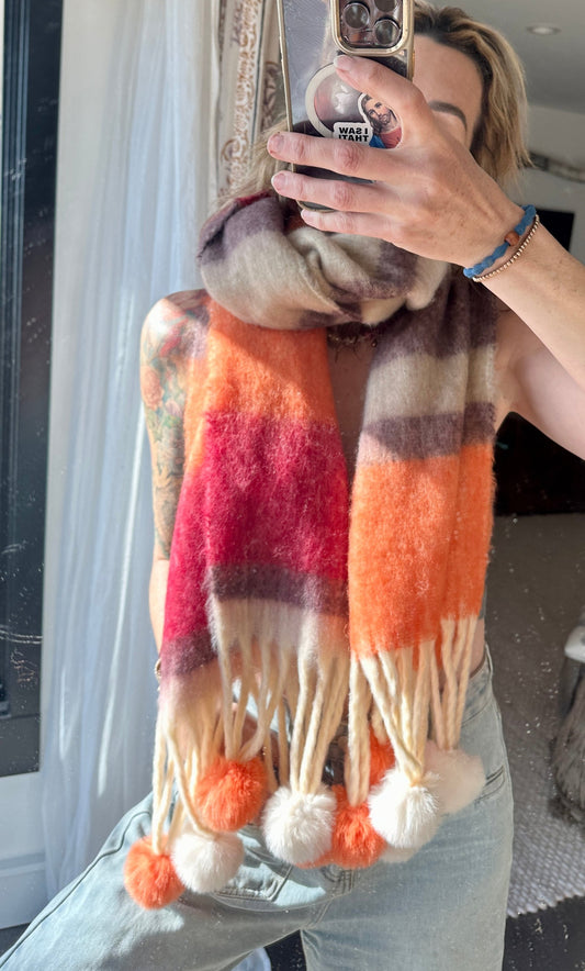 Chunky Pom Pom Striped Blanket Cozy Scarf