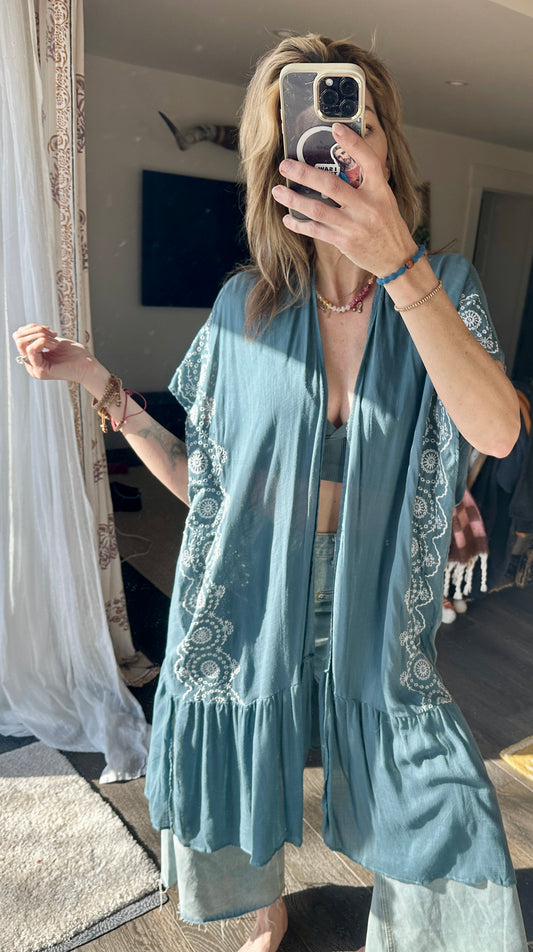 Boho Tribal Embroidered Longline Kimono