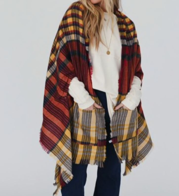 SALE Plaid Frayed Edge Pocket Ruana Wrap