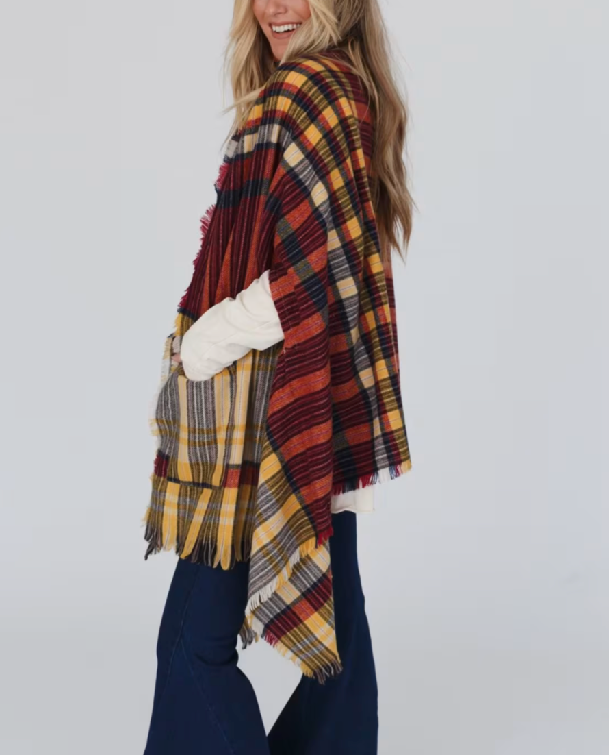 SALE Plaid Frayed Edge Pocket Ruana Wrap