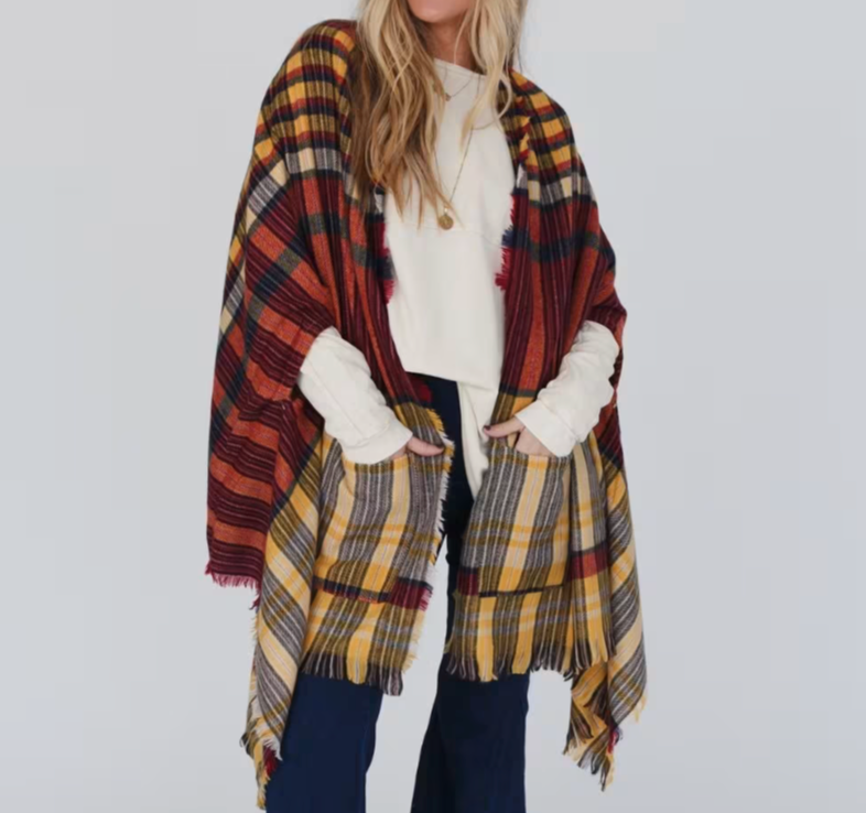 SALE Plaid Frayed Edge Pocket Ruana Wrap