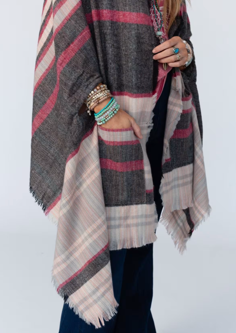 SALE Plaid Frayed Edge Pocket Ruana Wrap