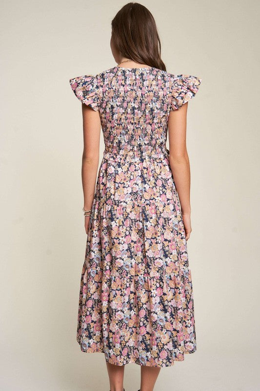 Modest Vintage Garden Floral Flutter Smocking Midi Dress