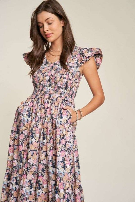 Modest Vintage Garden Floral Flutter Smocking Midi Dress