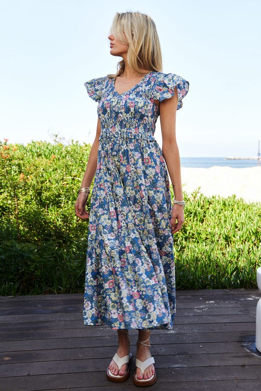 Modest Vintage Garden Floral Flutter Smocking Midi Dress