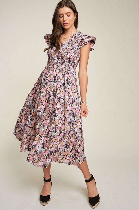 Modest Vintage Garden Floral Flutter Smocking Midi Dress