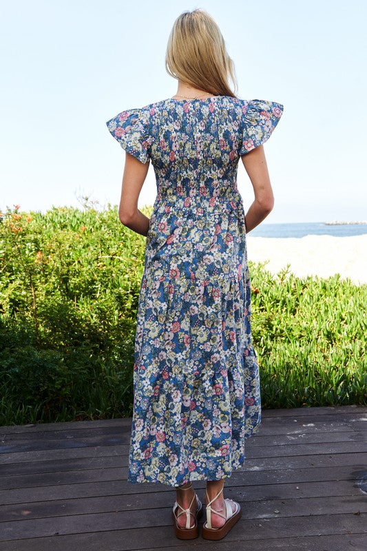 Modest Vintage Garden Floral Flutter Smocking Midi Dress