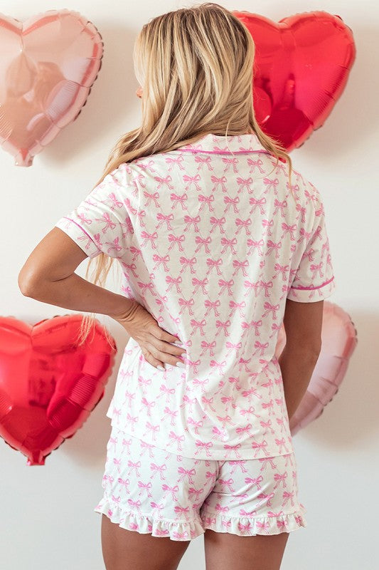 Bows Pajamas Set Short Sleeves + Ruffled Shorts