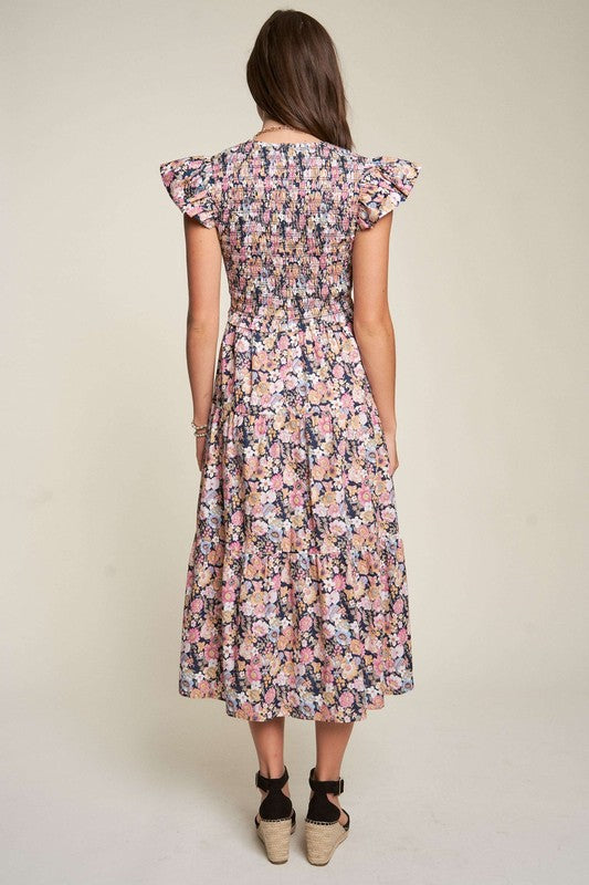 Modest Vintage Garden Floral Flutter Smocking Midi Dress