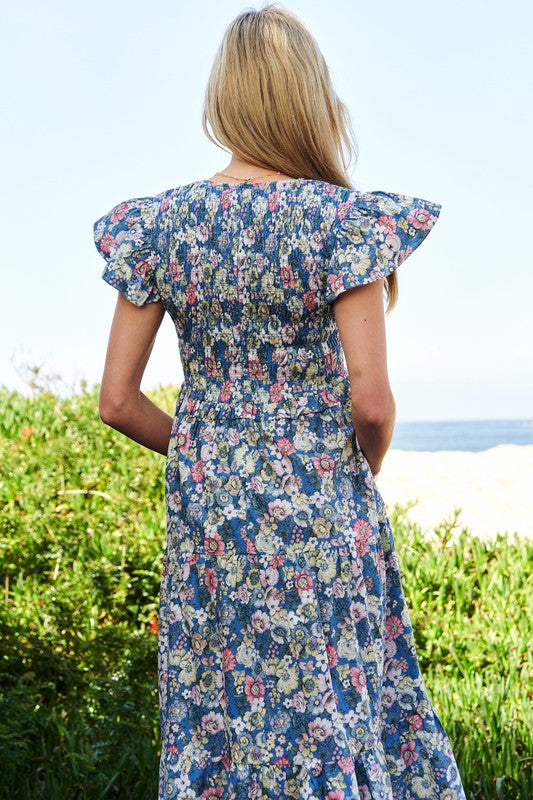 Modest Vintage Garden Floral Flutter Smocking Midi Dress