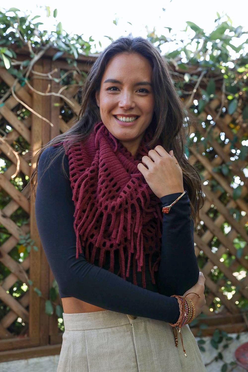 Chenille Tassel Infinity Scarf Scarves Burgundy