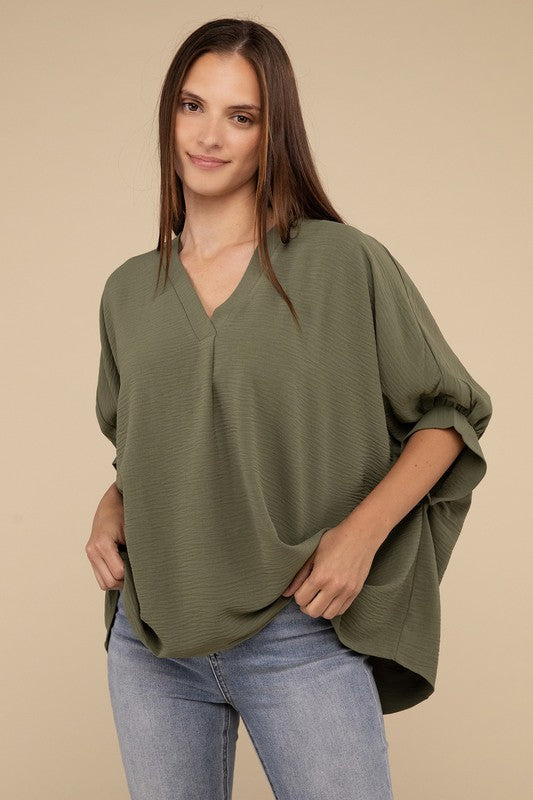 Woven V-Neck Puff Sleeve Top