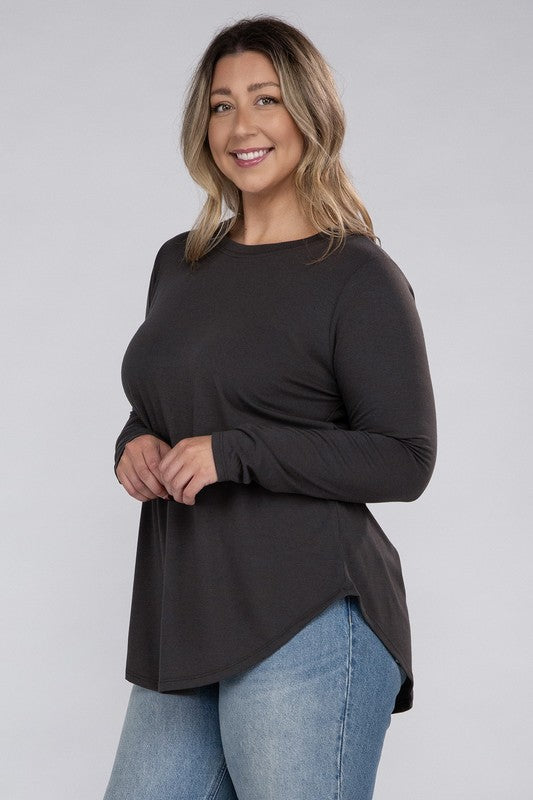 Plus Long Sleeve Round Neck Round Hem Top