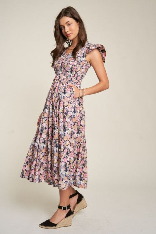 Modest Vintage Garden Floral Flutter Smocking Midi Dress