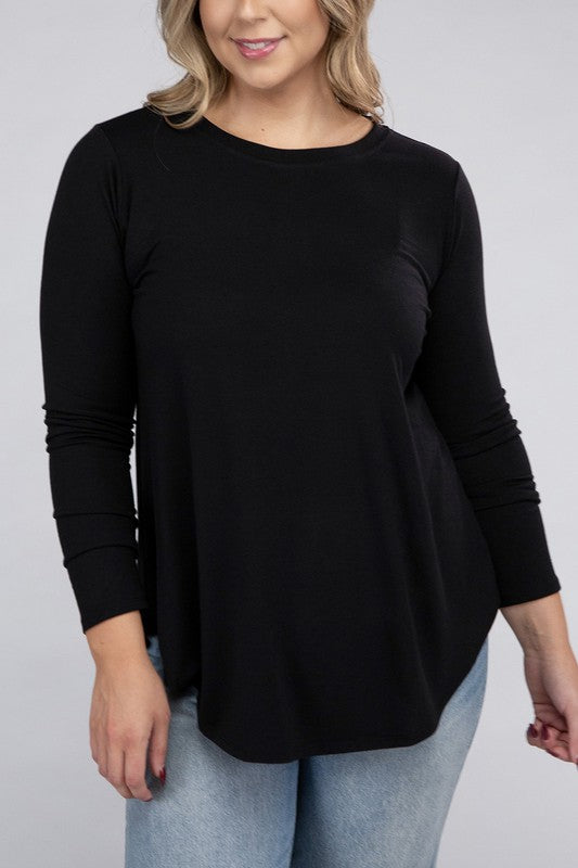 Plus Long Sleeve Round Neck Round Hem Top