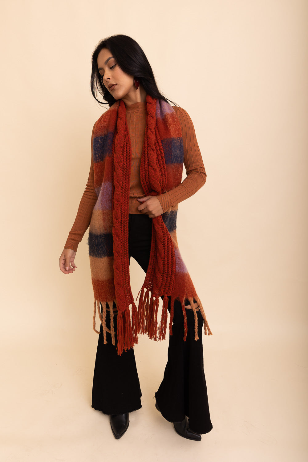 Knit Blend Tassel Trim Scarf Scarves