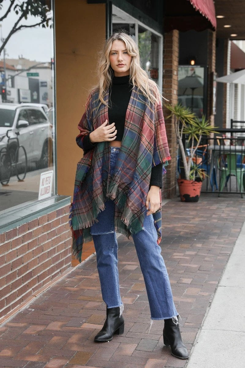 Lightweight Plaid Ruana Ponchos Green